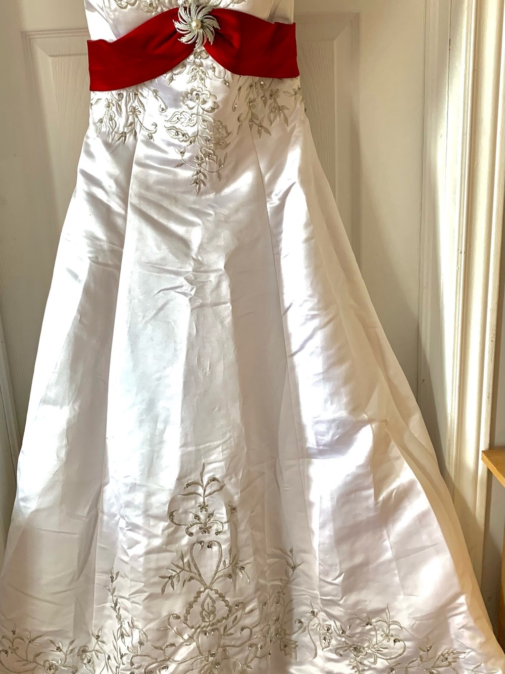 Classic White Satin Wedding Dress with Red Sash